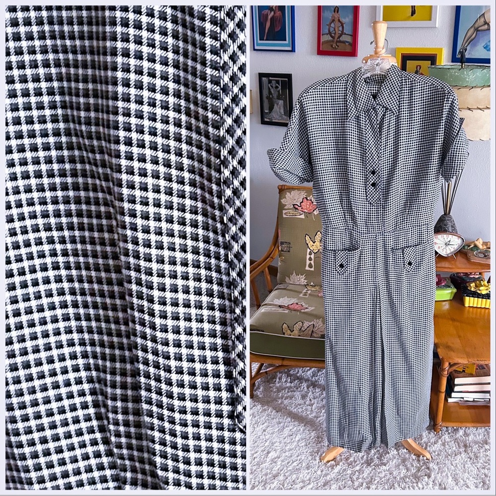 SOLD Vintage 1940s Dress Black Check S M Gabardine Pinup Rockabilly 40s 50s TLC - Picture 1 of 9